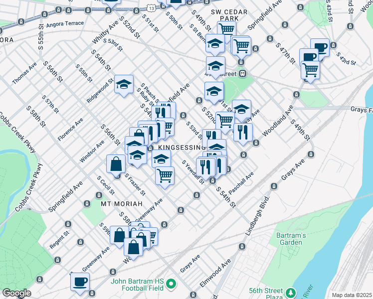 map of restaurants, bars, coffee shops, grocery stores, and more near 1609 South 54th Street in Philadelphia