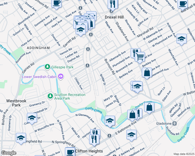 map of restaurants, bars, coffee shops, grocery stores, and more near 219 Blanchard Road in Drexel Hill