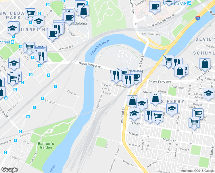 map of restaurants, bars, coffee shops, grocery stores, and more near 3620 Sears Street in Philadelphia