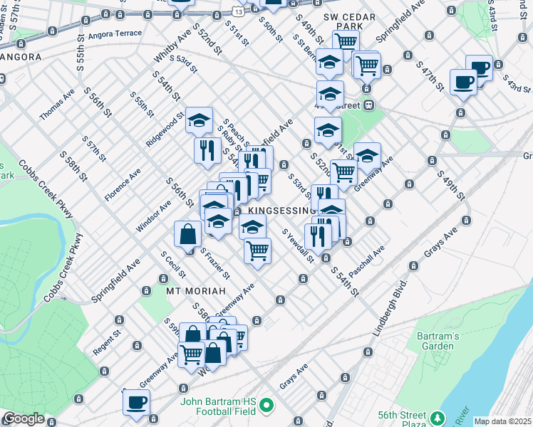 map of restaurants, bars, coffee shops, grocery stores, and more near 5422 Regent Street in Philadelphia