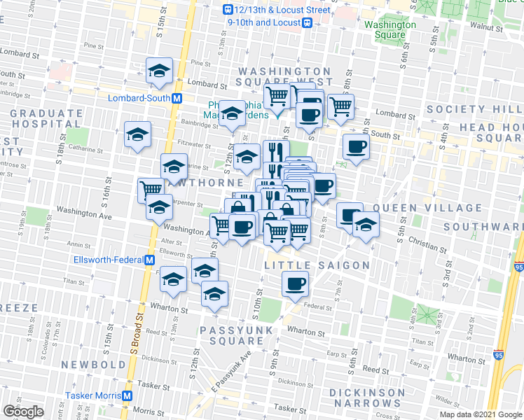 map of restaurants, bars, coffee shops, grocery stores, and more near 1020 Montrose Street in Philadelphia