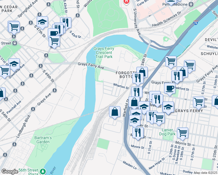 map of restaurants, bars, coffee shops, grocery stores, and more near 3620 Sears Street in Philadelphia