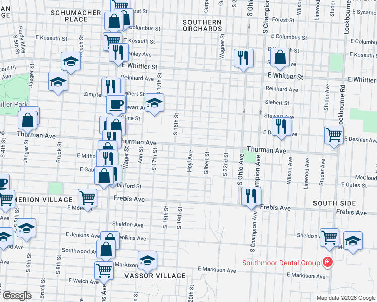 map of restaurants, bars, coffee shops, grocery stores, and more near 704 Thurman Avenue in Columbus