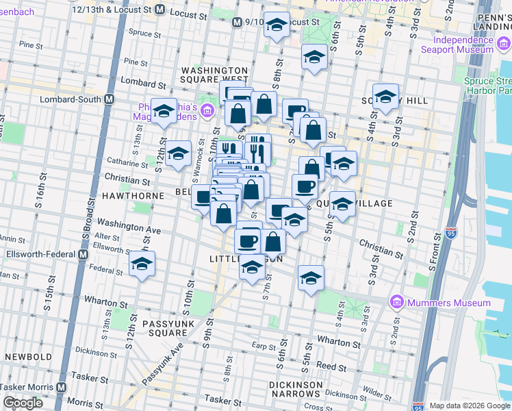 map of restaurants, bars, coffee shops, grocery stores, and more near Christian St & S 8th St in Philadelphia