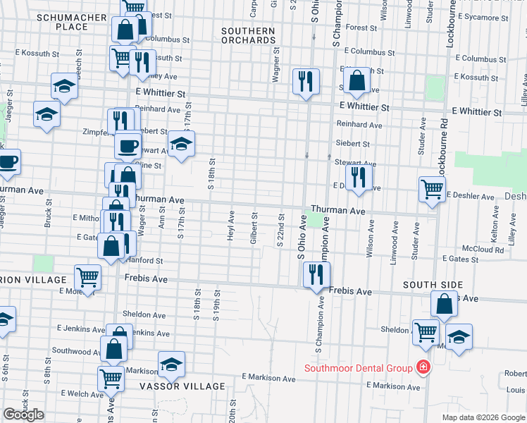 map of restaurants, bars, coffee shops, grocery stores, and more near 760 Thurman Avenue in Columbus