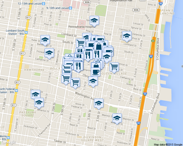 map of restaurants, bars, coffee shops, grocery stores, and more near 805 S Sheridan St in Philadelphia