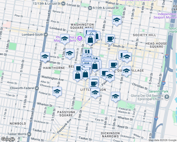 map of restaurants, bars, coffee shops, grocery stores, and more near 829 Christian Street in Philadelphia