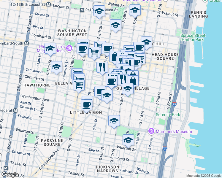 map of restaurants, bars, coffee shops, grocery stores, and more near 804R South 6th Street in Philadelphia