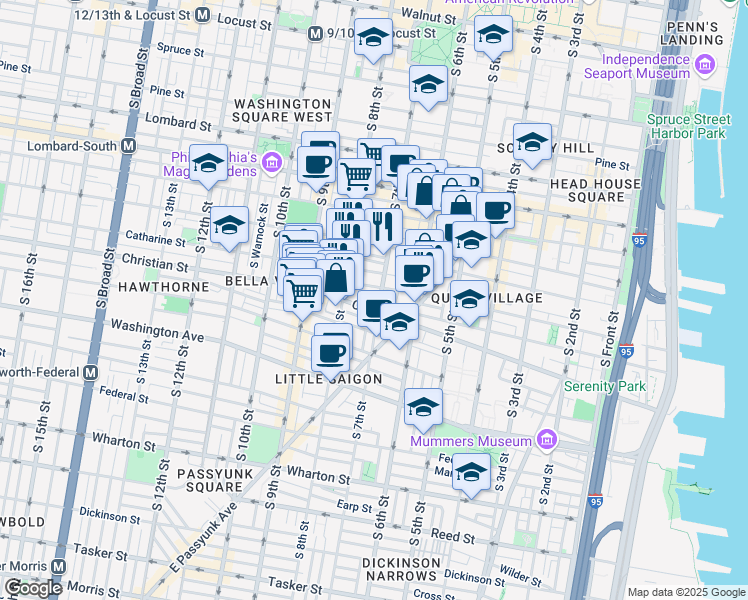 map of restaurants, bars, coffee shops, grocery stores, and more near 641 Catharine Street in Philadelphia
