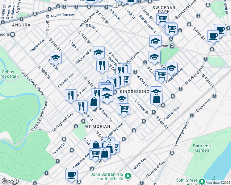 map of restaurants, bars, coffee shops, grocery stores, and more near 5502 Chester Avenue in Philadelphia