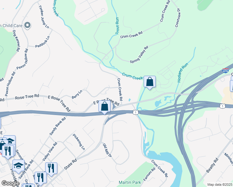 map of restaurants, bars, coffee shops, grocery stores, and more near 830 Crum Creek Road in Media