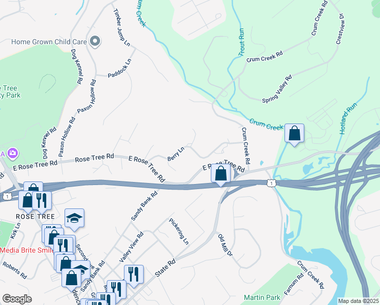 map of restaurants, bars, coffee shops, grocery stores, and more near 500 Berry Lane in Media
