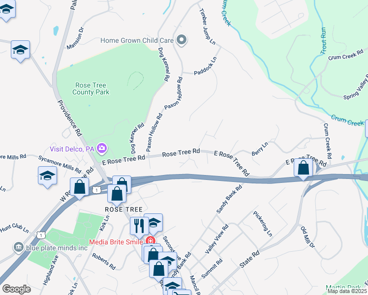 map of restaurants, bars, coffee shops, grocery stores, and more near 291 East Rose Tree Road in Media