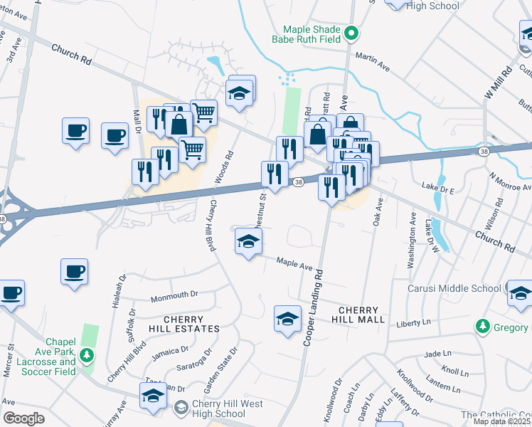 map of restaurants, bars, coffee shops, grocery stores, and more near 103 Chestnut Street in Cherry Hill