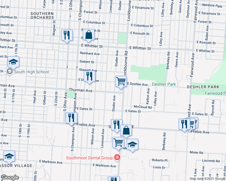 map of restaurants, bars, coffee shops, grocery stores, and more near 1321 Studer Avenue in Columbus