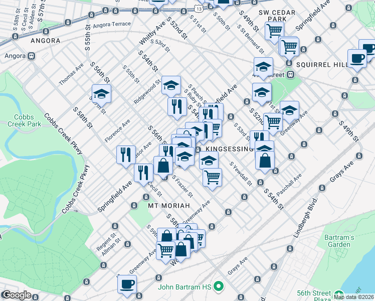 map of restaurants, bars, coffee shops, grocery stores, and more near 1430 South 55th Street in Philadelphia