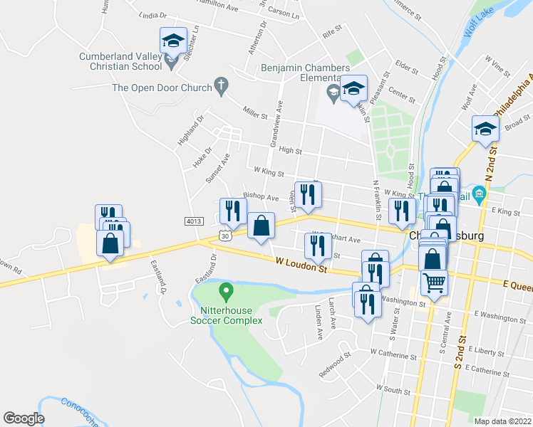 map of restaurants, bars, coffee shops, grocery stores, and more near 53 Grandview Avenue in Chambersburg