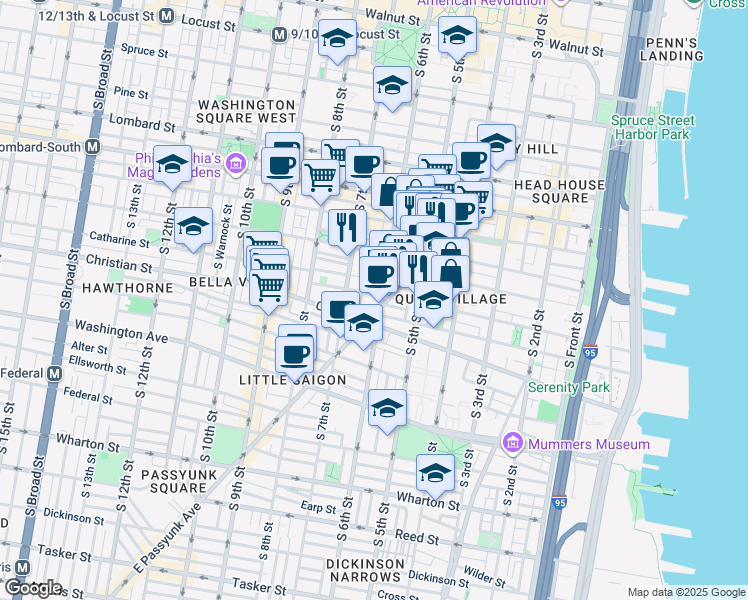 map of restaurants, bars, coffee shops, grocery stores, and more near 804R South 6th Street in Philadelphia