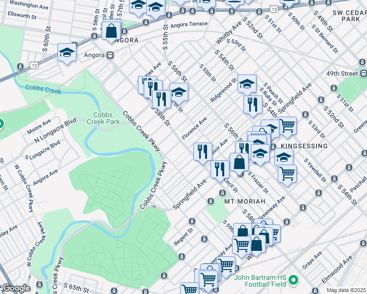 map of restaurants, bars, coffee shops, grocery stores, and more near 1614 South 58th Street in Philadelphia