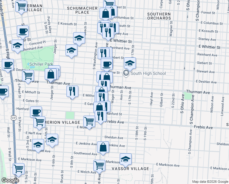 map of restaurants, bars, coffee shops, grocery stores, and more near 1230 Wager Street in Columbus
