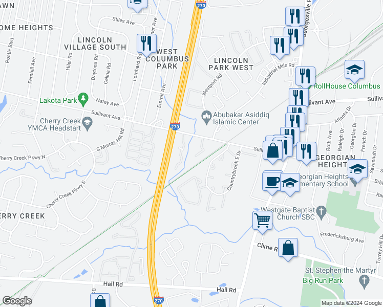 map of restaurants, bars, coffee shops, grocery stores, and more near 667 Brent Boulevard in Columbus