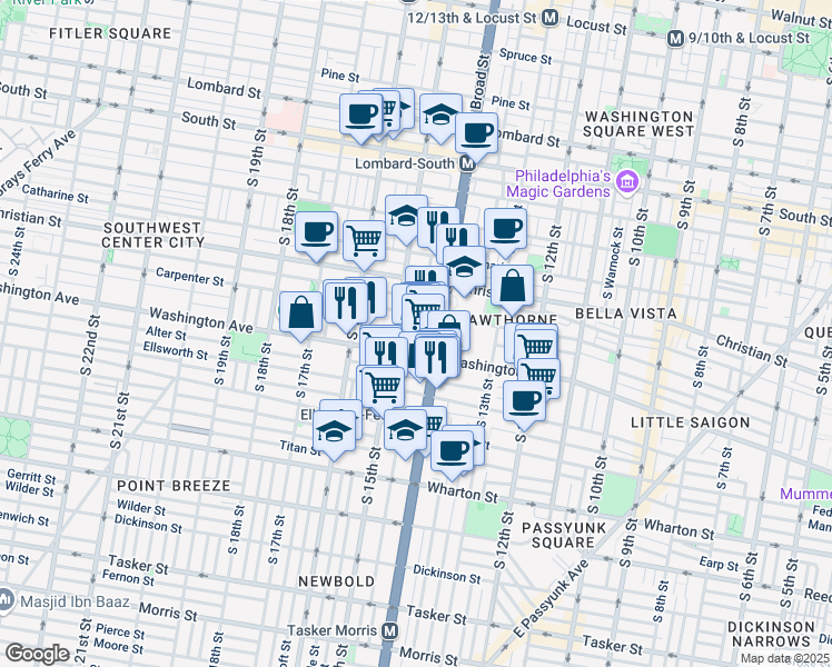 map of restaurants, bars, coffee shops, grocery stores, and more near 1001 South 15th Street in Philadelphia
