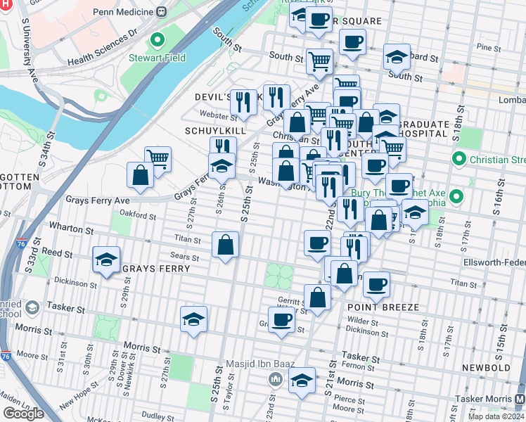 map of restaurants, bars, coffee shops, grocery stores, and more near 2400 Ellsworth Street in Philadelphia