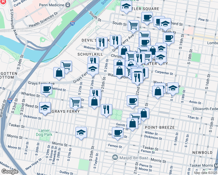map of restaurants, bars, coffee shops, grocery stores, and more near 2400 Ellsworth Street in Philadelphia