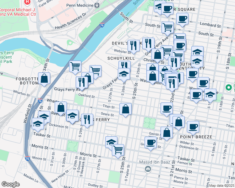 map of restaurants, bars, coffee shops, grocery stores, and more near 2614 Annin Street in Philadelphia