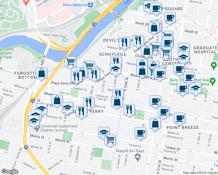 map of restaurants, bars, coffee shops, grocery stores, and more near 2614 Annin Street in Philadelphia