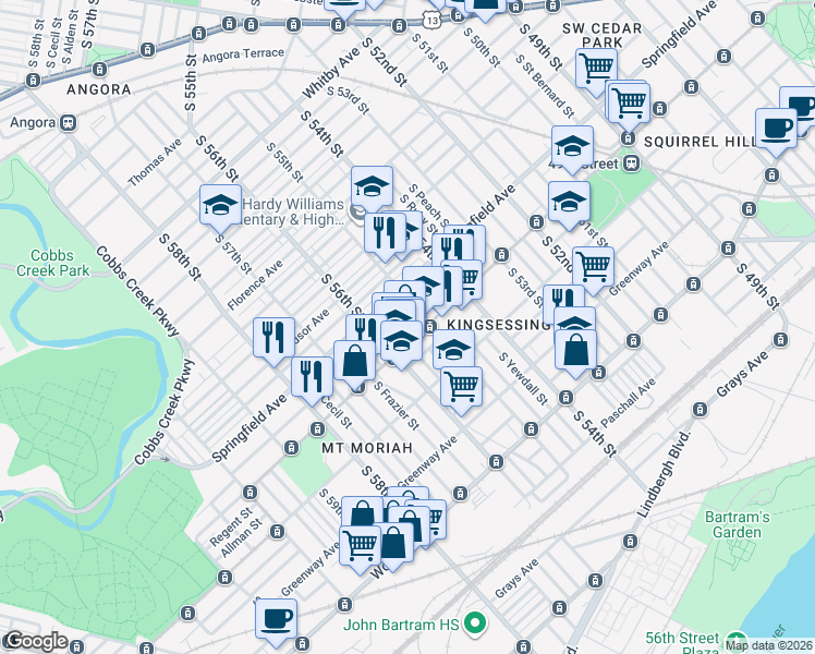 map of restaurants, bars, coffee shops, grocery stores, and more near 1430 South 55th Street in Philadelphia
