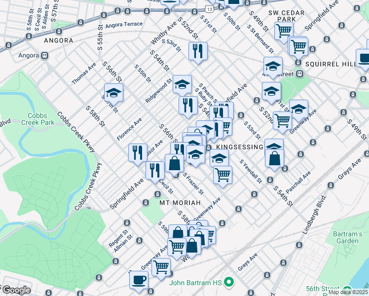 map of restaurants, bars, coffee shops, grocery stores, and more near 1400 South Allison Street in Philadelphia