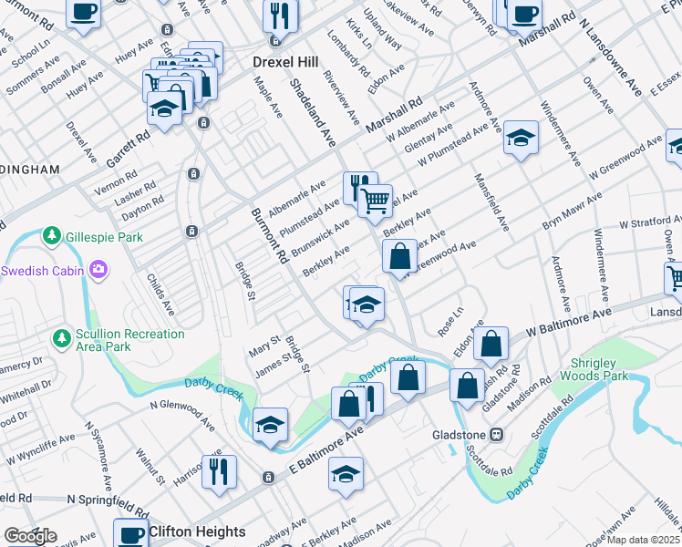 map of restaurants, bars, coffee shops, grocery stores, and more near 3406 Berkley Avenue in Drexel Hill