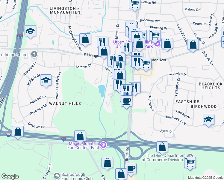 map of restaurants, bars, coffee shops, grocery stores, and more near 6019 Lake Club Court in Columbus