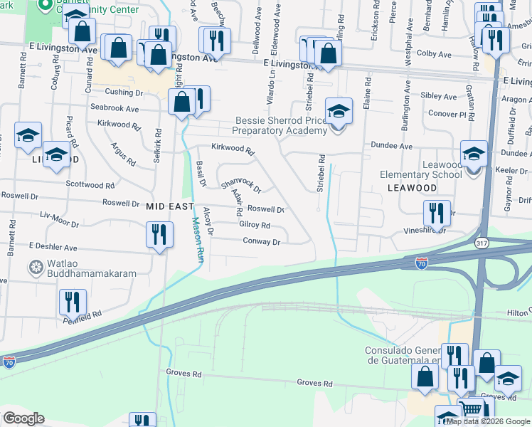 map of restaurants, bars, coffee shops, grocery stores, and more near 3848 Roswell Drive in Columbus