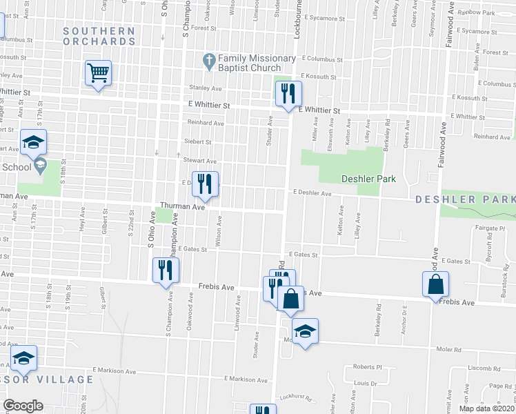 map of restaurants, bars, coffee shops, grocery stores, and more near 1298 Linwood Avenue in Columbus