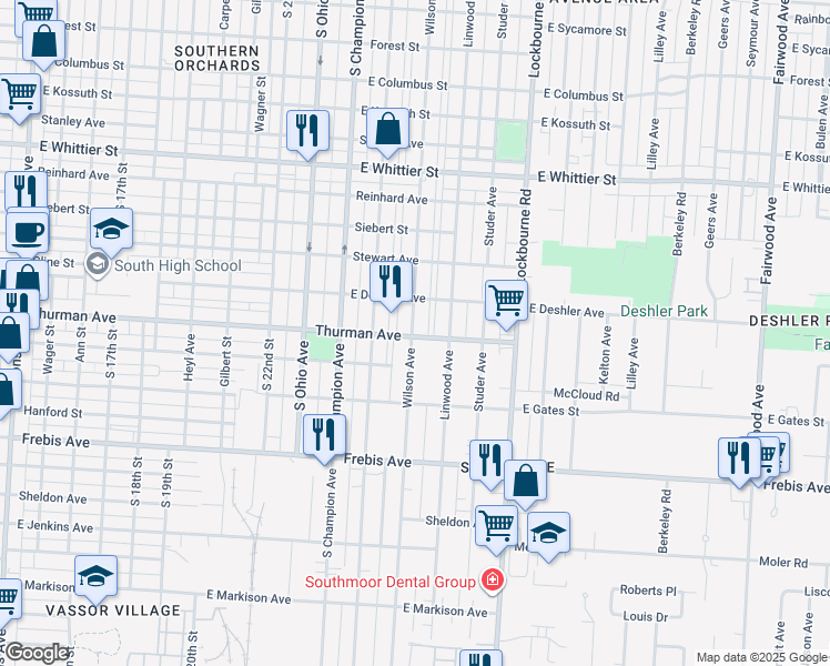 map of restaurants, bars, coffee shops, grocery stores, and more near 1286 Wilson Avenue in Columbus