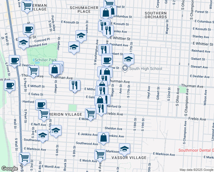 map of restaurants, bars, coffee shops, grocery stores, and more near in Columbus