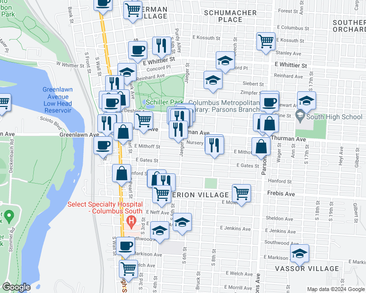 map of restaurants, bars, coffee shops, grocery stores, and more near in Columbus