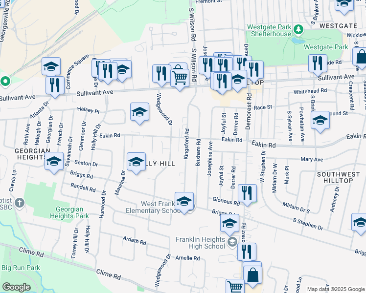 map of restaurants, bars, coffee shops, grocery stores, and more near 3641 Eakin Road in Columbus