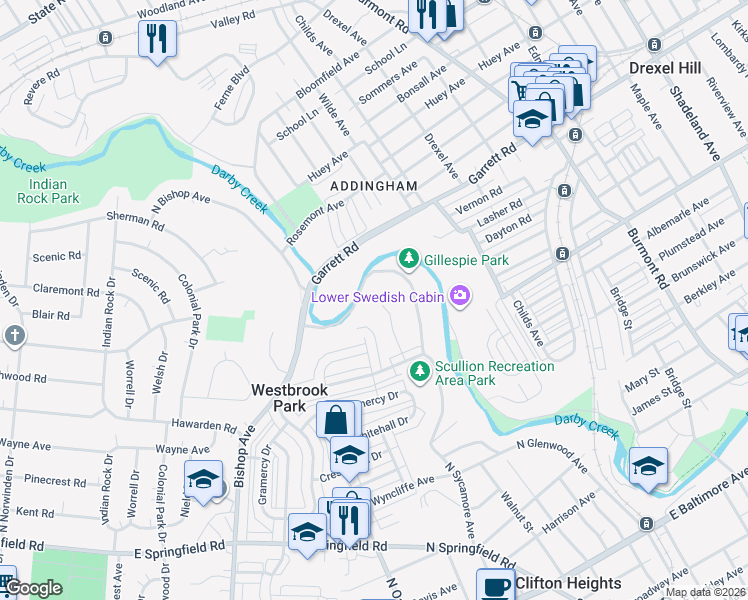 map of restaurants, bars, coffee shops, grocery stores, and more near 540 Gia Circle in Clifton Heights