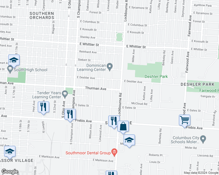 map of restaurants, bars, coffee shops, grocery stores, and more near 1319 Studer Avenue in Columbus