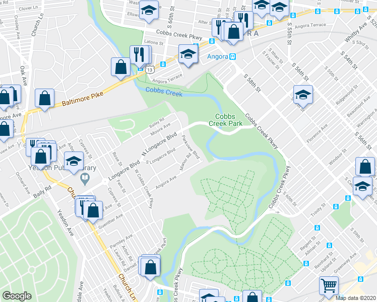 map of restaurants, bars, coffee shops, grocery stores, and more near 1313 Manor Road in Yeadon
