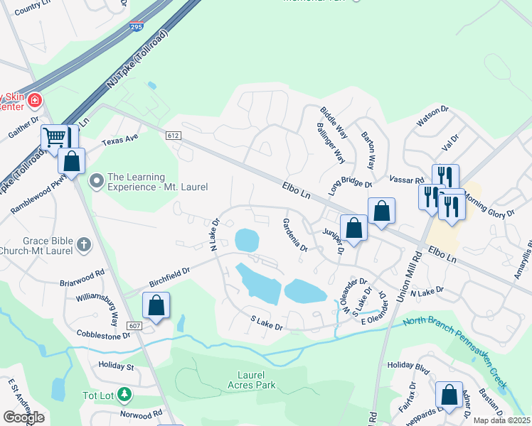 map of restaurants, bars, coffee shops, grocery stores, and more near 7B East Daisy Lane in Mount Laurel Township