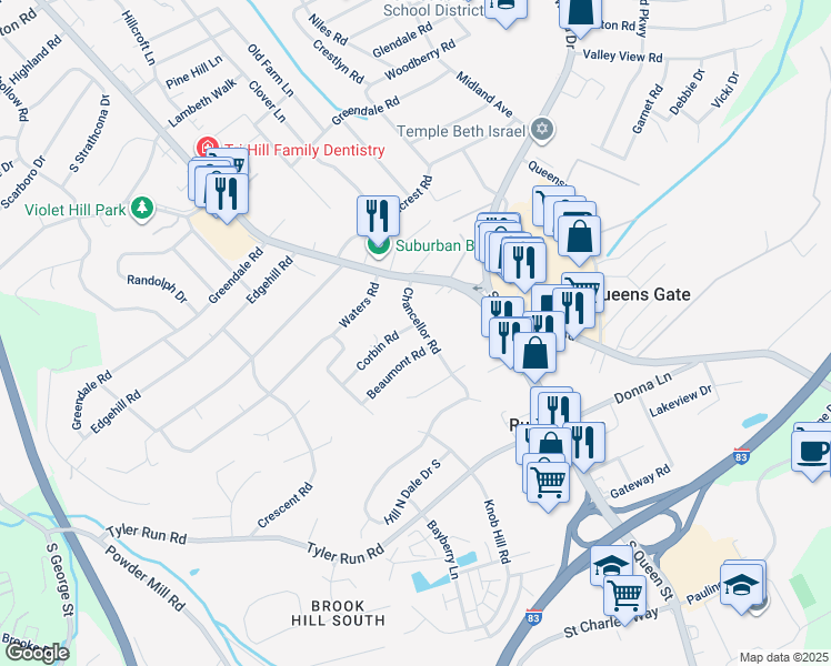 map of restaurants, bars, coffee shops, grocery stores, and more near 424 Corbin Road in York