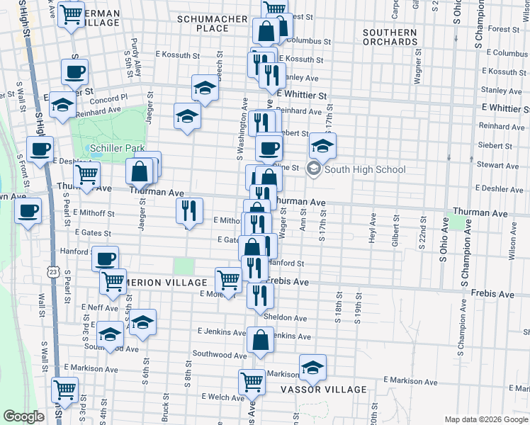 map of restaurants, bars, coffee shops, grocery stores, and more near in Columbus