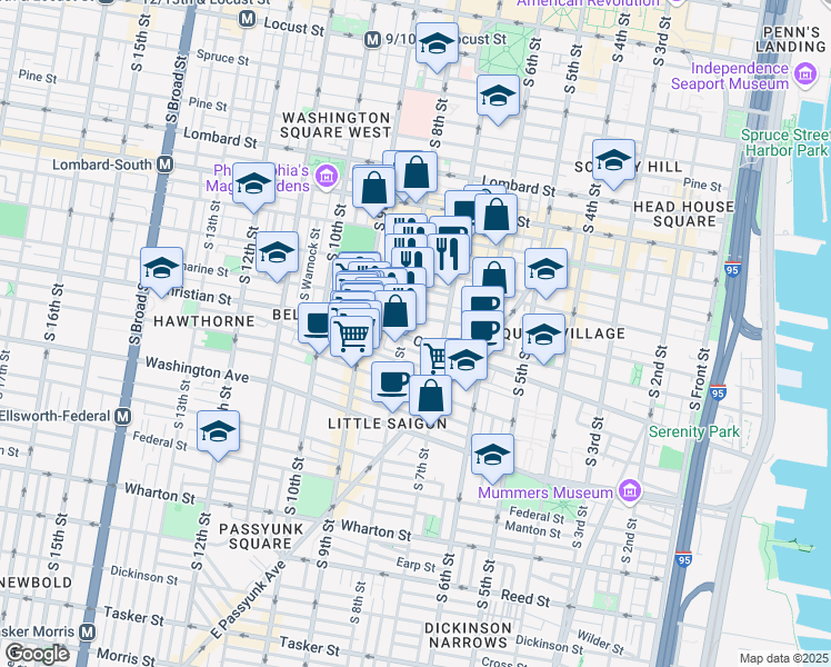 map of restaurants, bars, coffee shops, grocery stores, and more near 737 Christian Street in Philadelphia