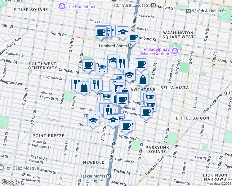 map of restaurants, bars, coffee shops, grocery stores, and more near 1001 South 15th Street in Philadelphia