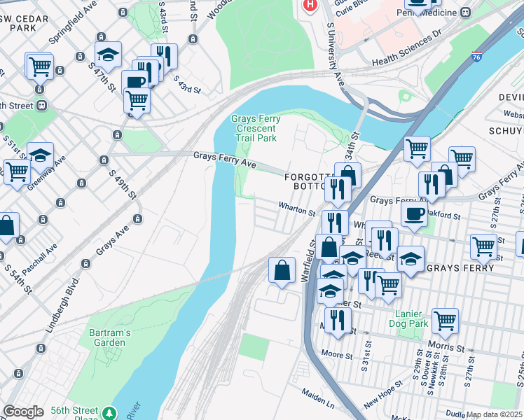 map of restaurants, bars, coffee shops, grocery stores, and more near 3636 Sears Street in Philadelphia