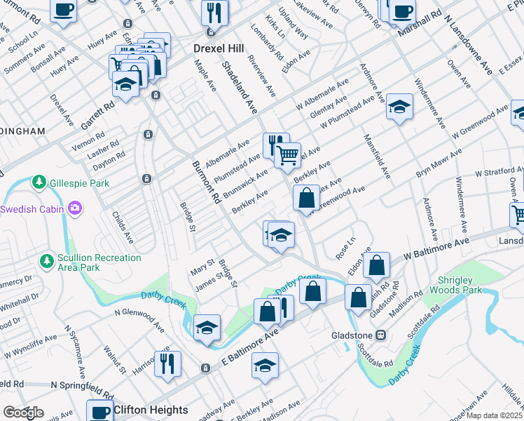 map of restaurants, bars, coffee shops, grocery stores, and more near 3406 Berkley Avenue in Drexel Hill